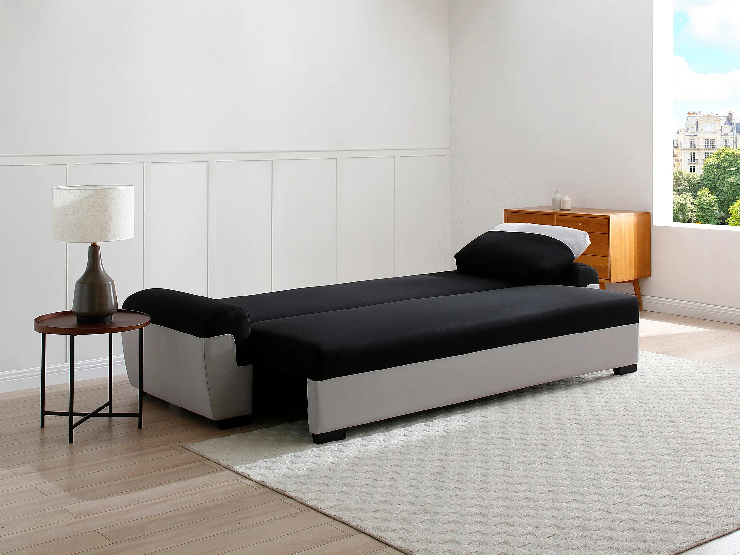 Canapé 3 places convertible en tissu noir et gris clair GABY II