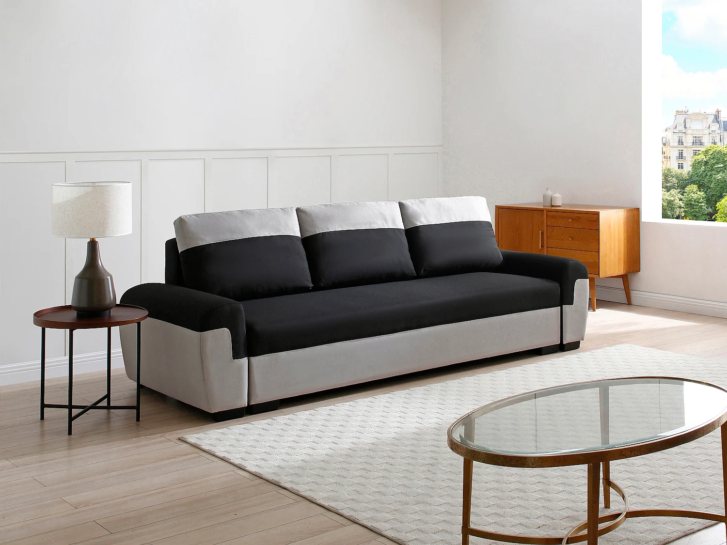 Canapé 3 places convertible en tissu noir et gris clair GABY II