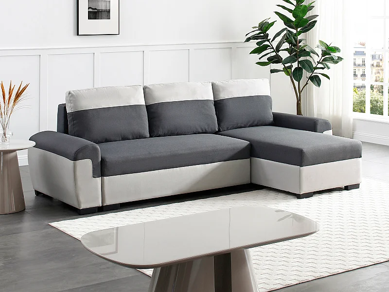 Canapé d'angle réversible et convertible en tissu anthracite et gris clair GABY II