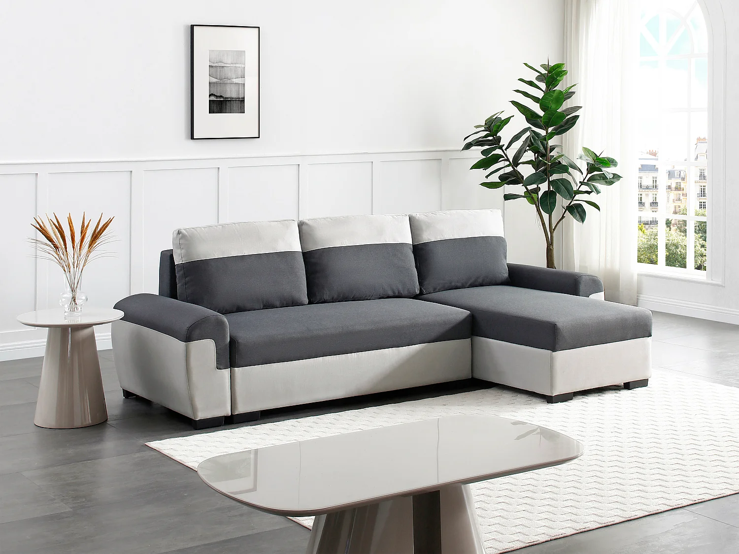Canapé d'angle réversible et convertible en tissu anthracite et gris clair GABY II