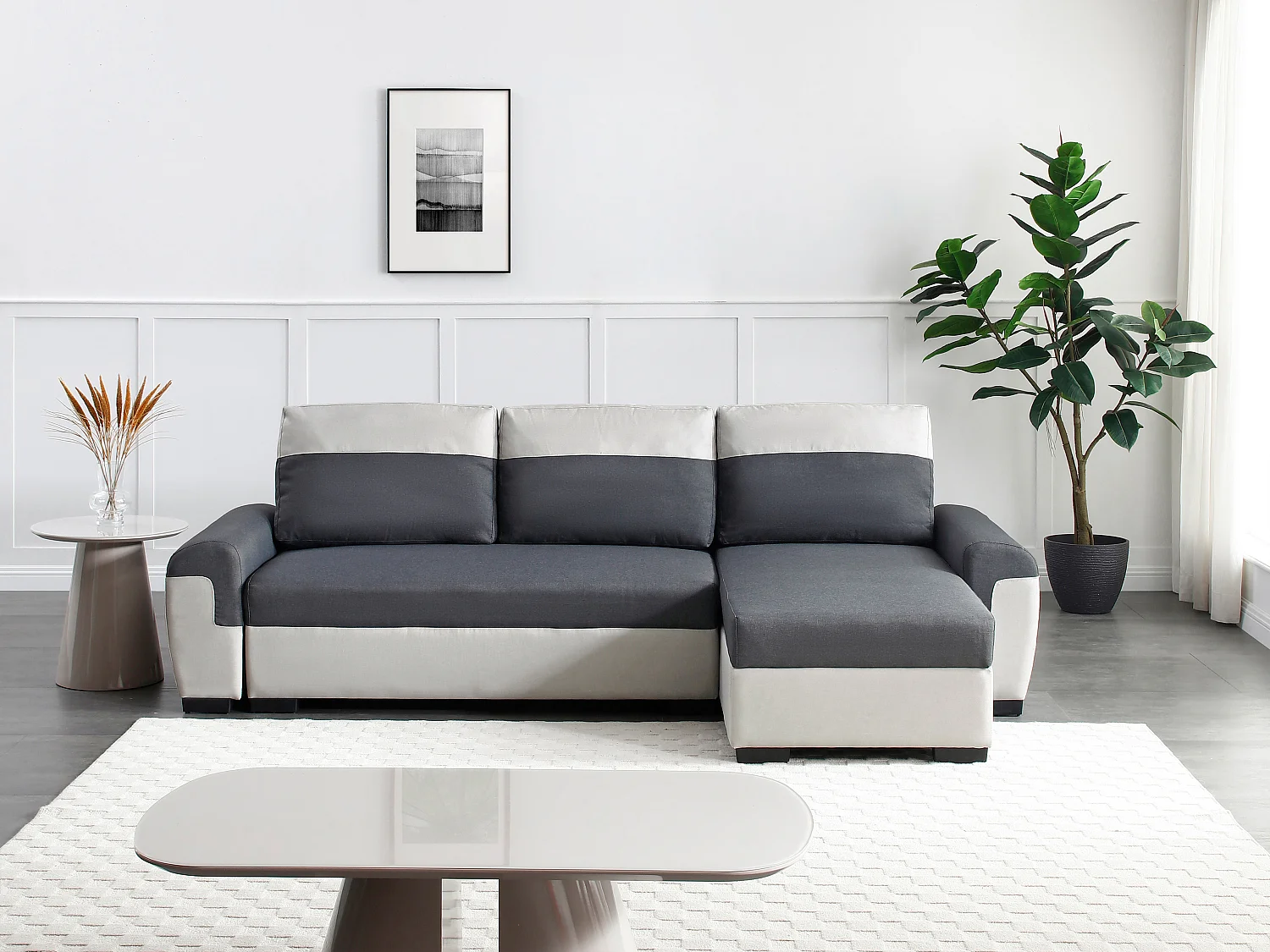 Canapé d'angle réversible et convertible en tissu anthracite et gris clair GABY II