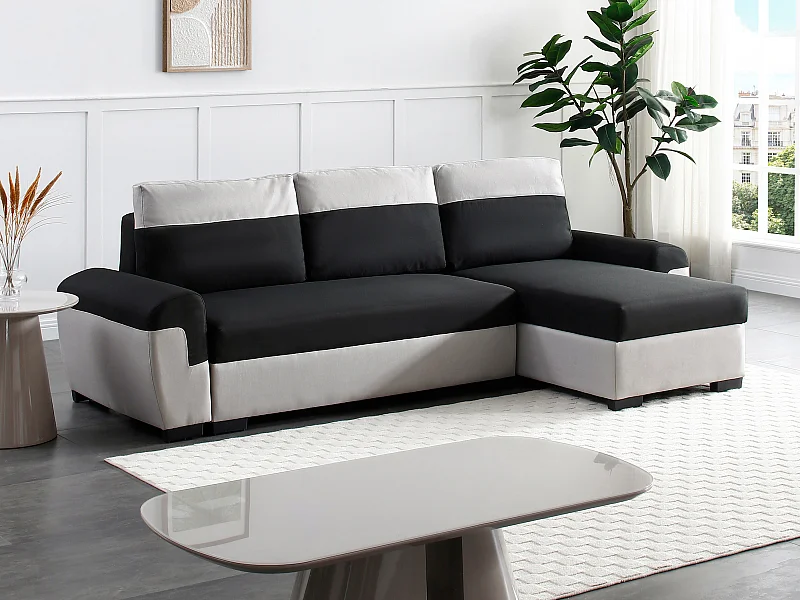 Canapé d'angle réversible et convertible en tissu noir et gris clair GABY II