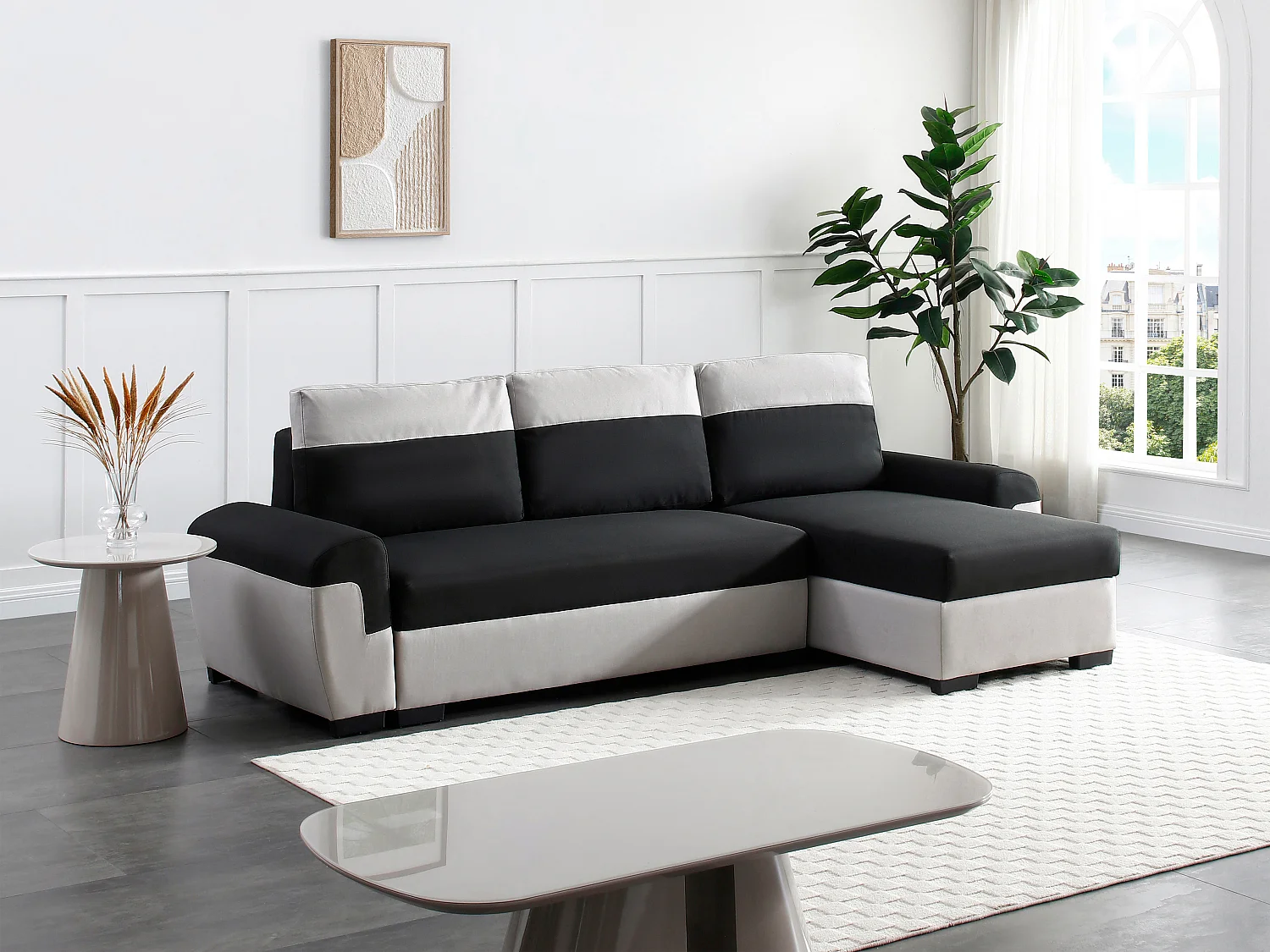Canapé d'angle réversible et convertible en tissu noir et gris clair GABY II