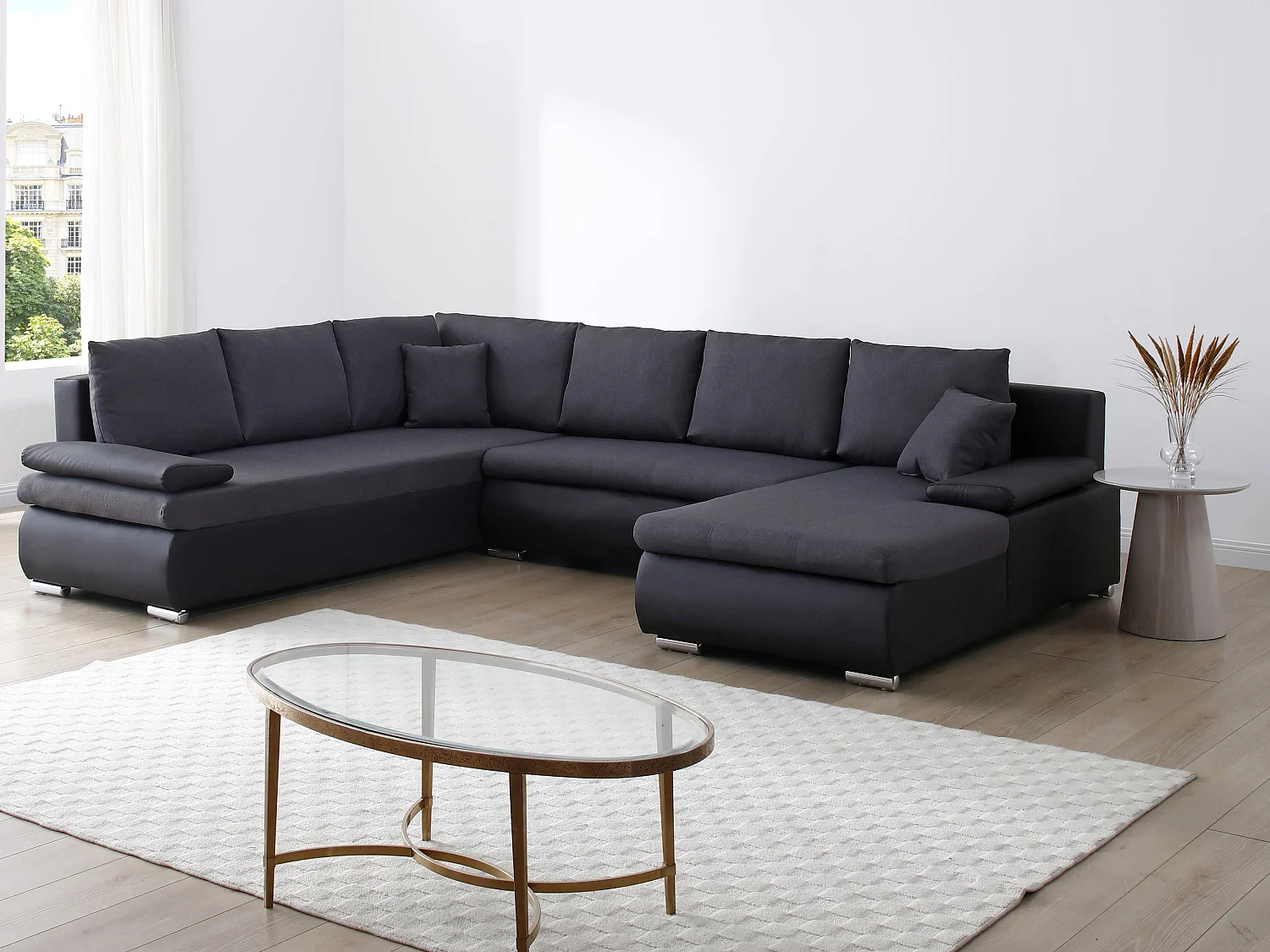 Höger panorama-bäddsoffa i svart konstläder och antracitgrått tyg DAKOTA II