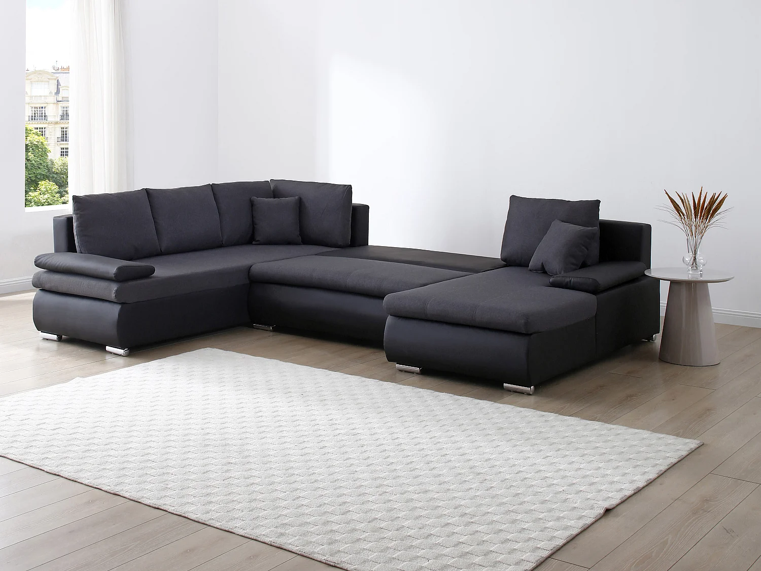 Höger panorama-bäddsoffa i svart konstläder och antracitgrått tyg DAKOTA II