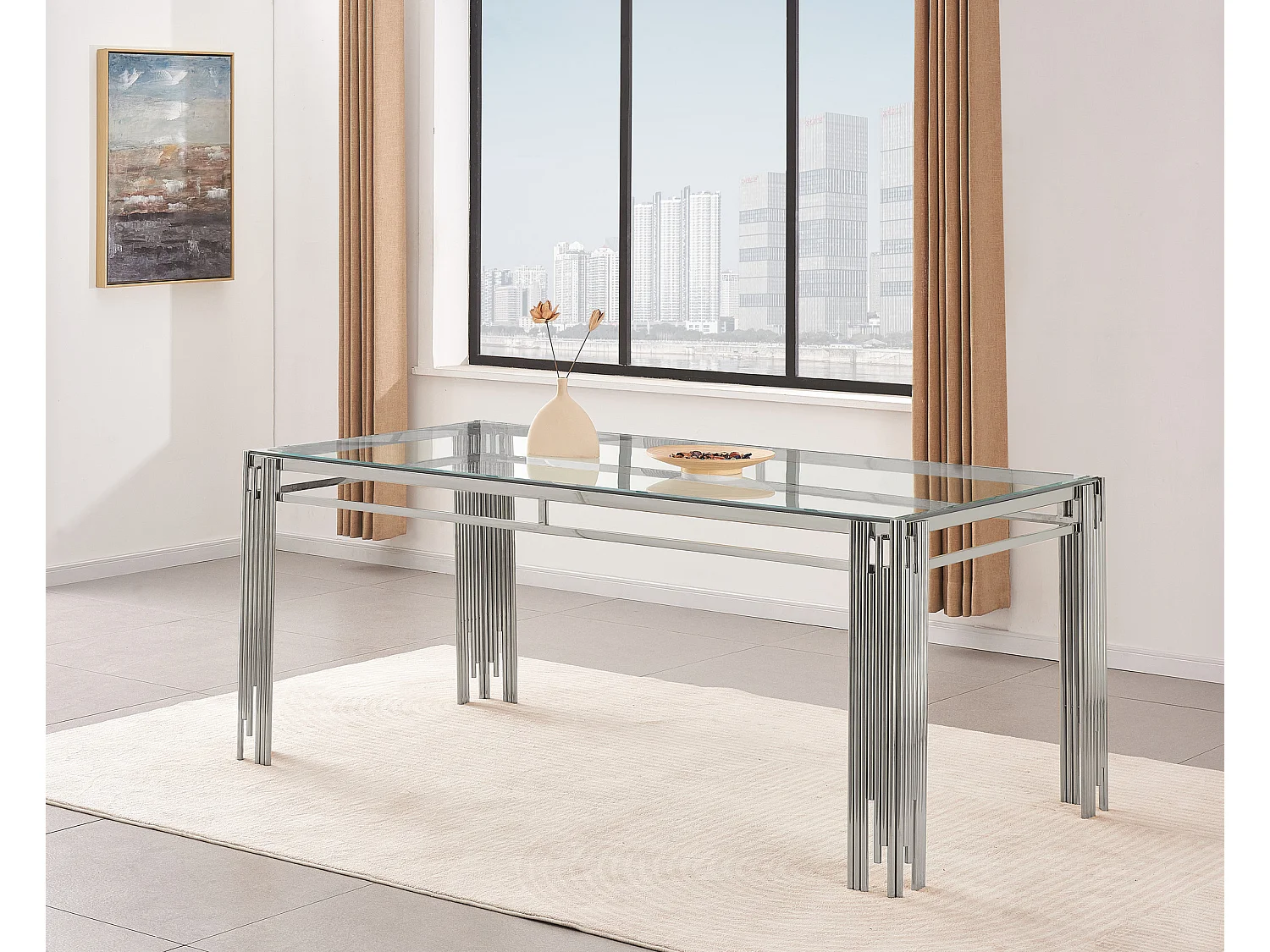 Table à manger XXL FLUTE Chrome Plateau en verre Marbré TRANSPARENT 180 cm