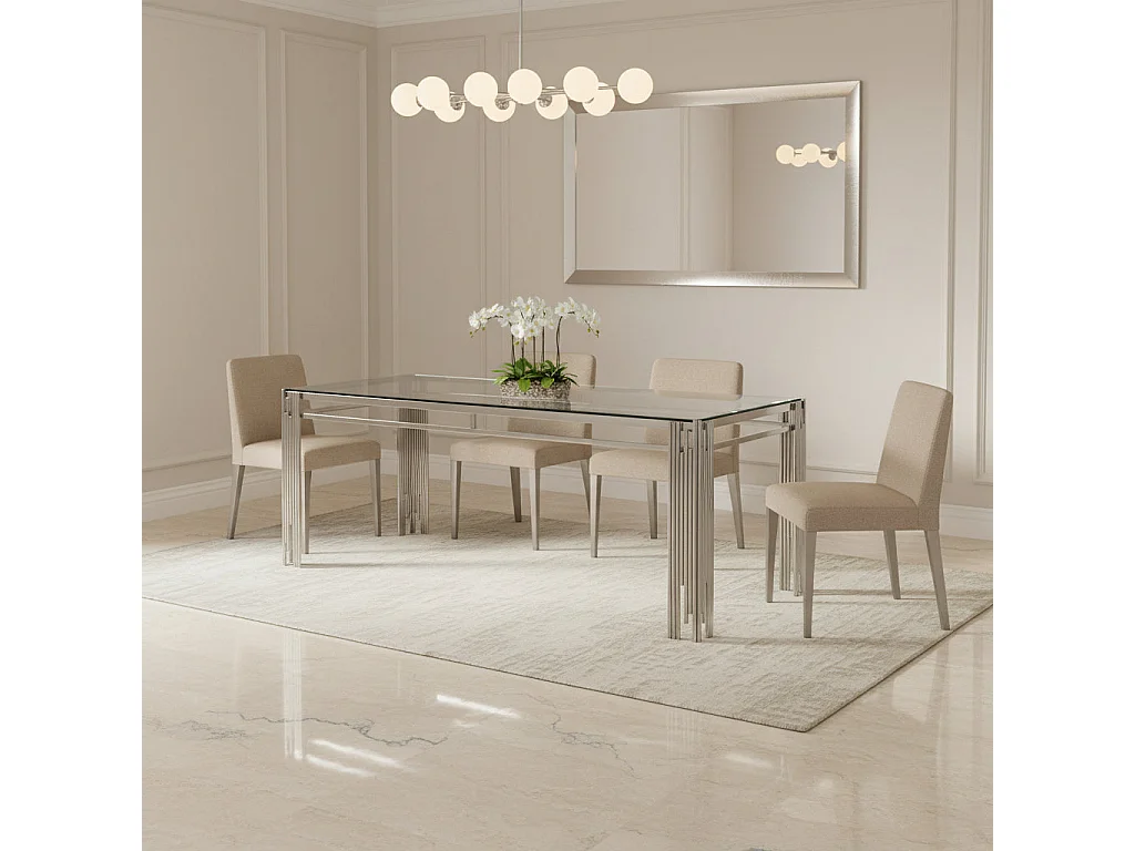 Table à manger XXL FLUTE Chrome Plateau en verre Marbré TRANSPARENT 180 cm