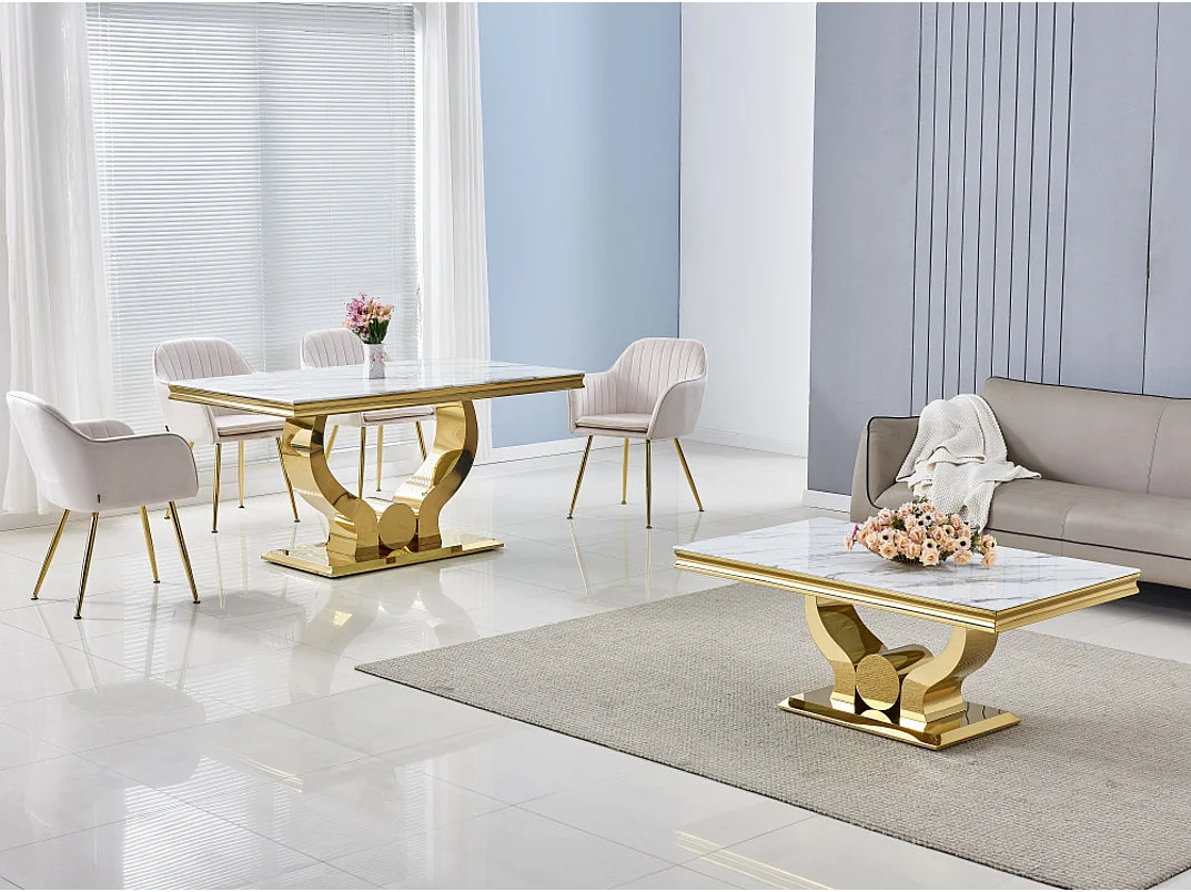 Table à manger TROFY 6 à 8 personnes gold verre MARBRE BLANC 180x90 cm