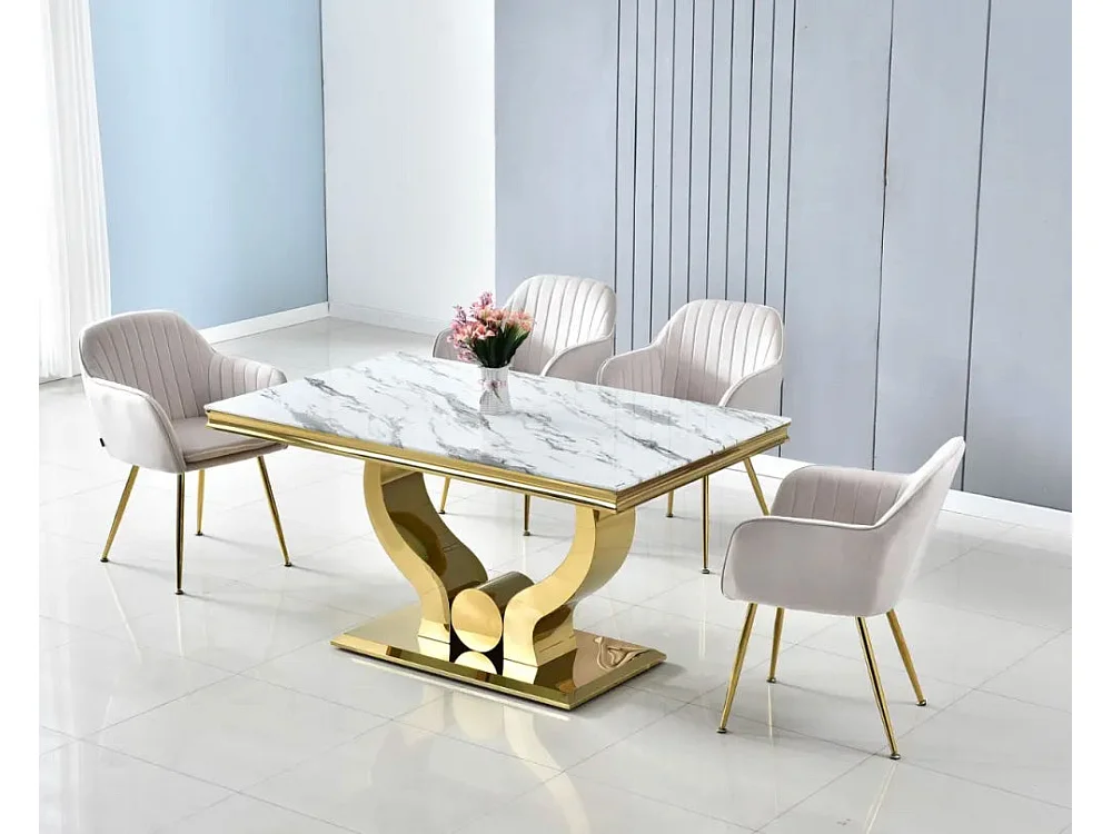 Table à manger TROFY 6 à 8 personnes gold verre MARBRE BLANC 180x90 cm