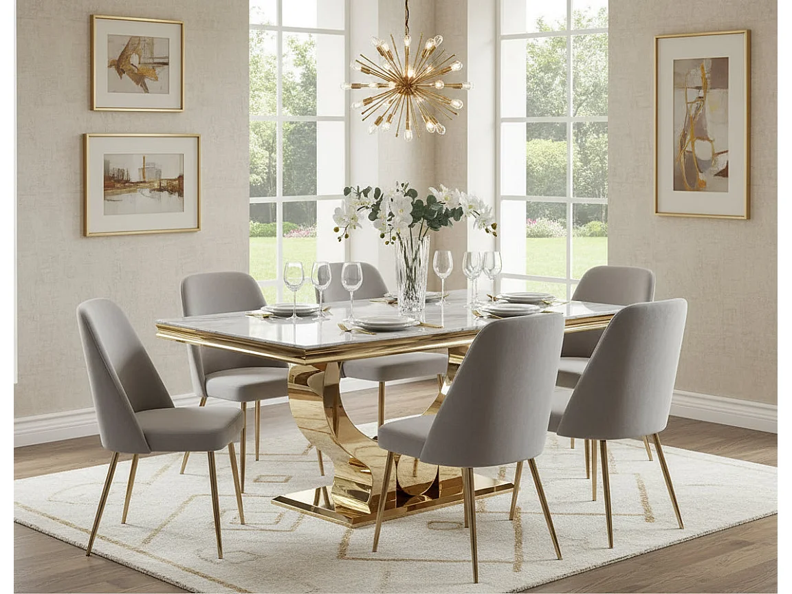 Table à manger TROFY 6 à 8 personnes gold verre MARBRE BLANC 180x90 cm