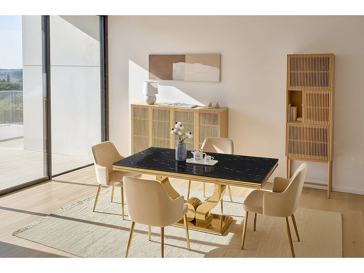 Table à manger TROFY 4 à 6 personnes 150x90 cm Gold verre effet marbré noir