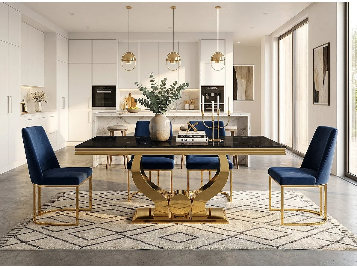 Table à manger TROFY 4 à 6 personnes 150x90 cm Gold verre effet marbré noir
