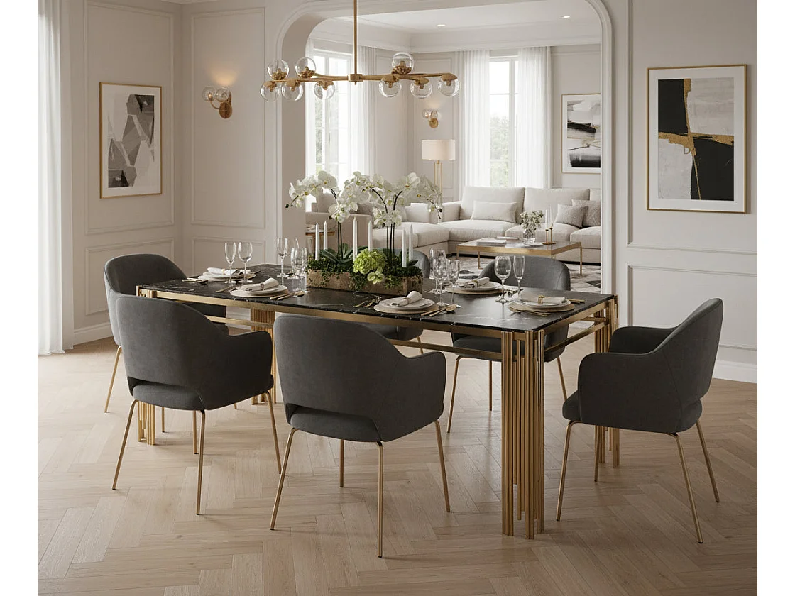 Table à manger Rectangulaire Gold Plateau Effet Marbré Noir 180x90x75 cm - FLUTE