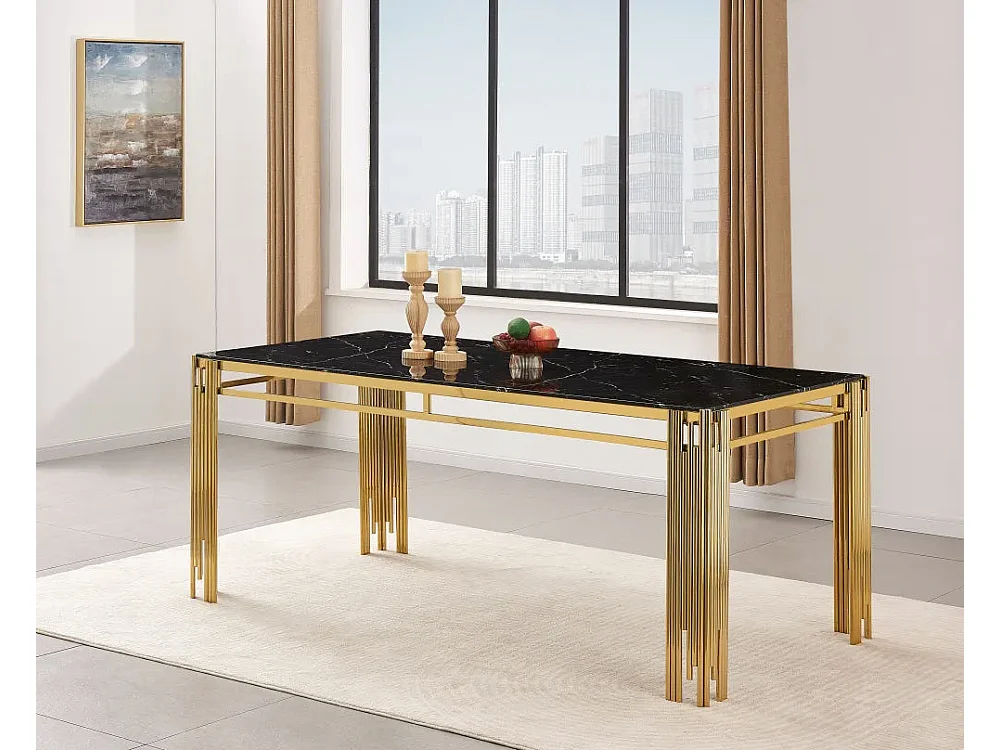 Table à manger Rectangulaire Gold Plateau Effet Marbré Noir 180x90x75 cm - FLUTE