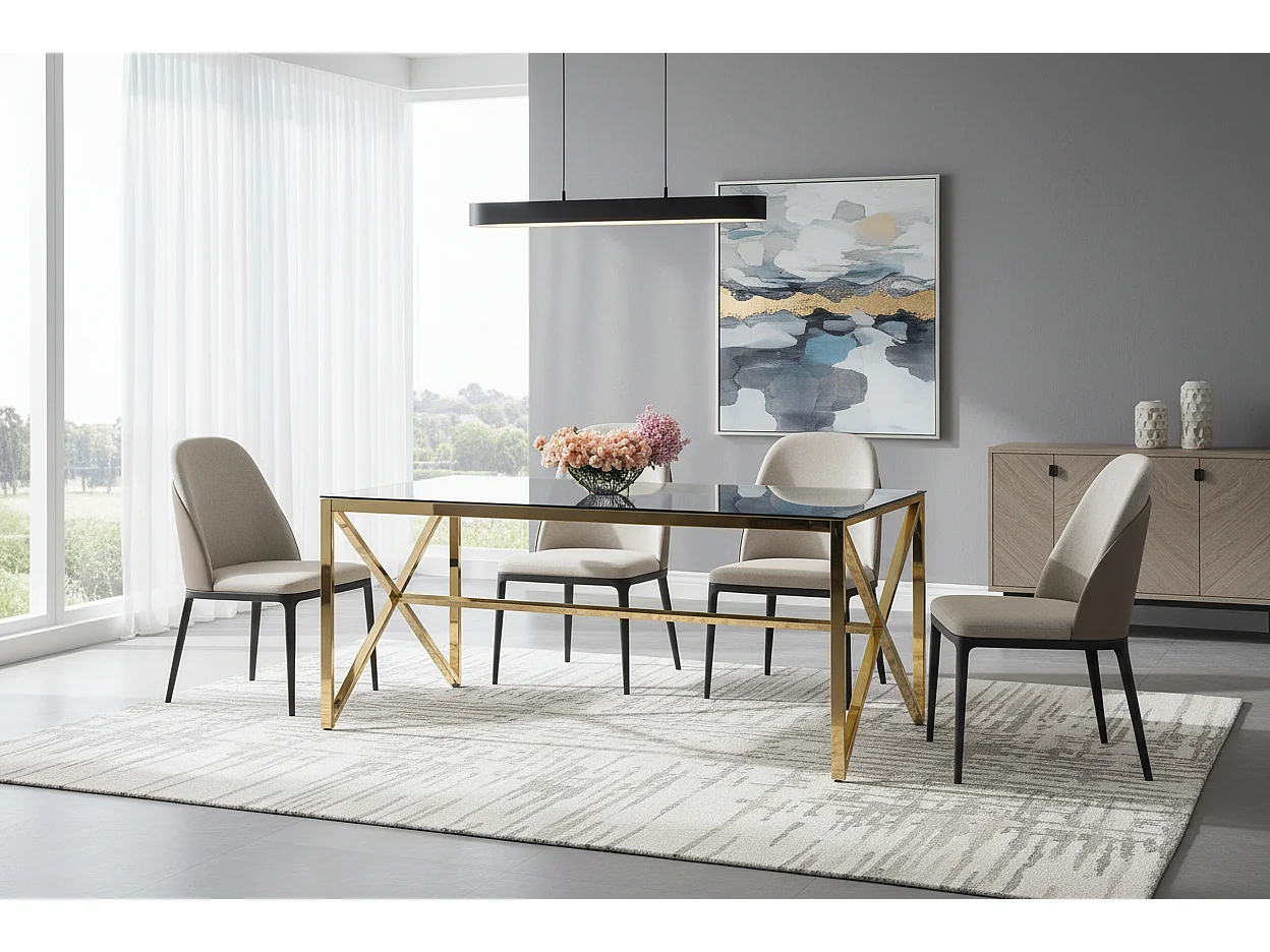 Table à Manger Design Verre Trempé Transparent & Doré – 150×90 cm
