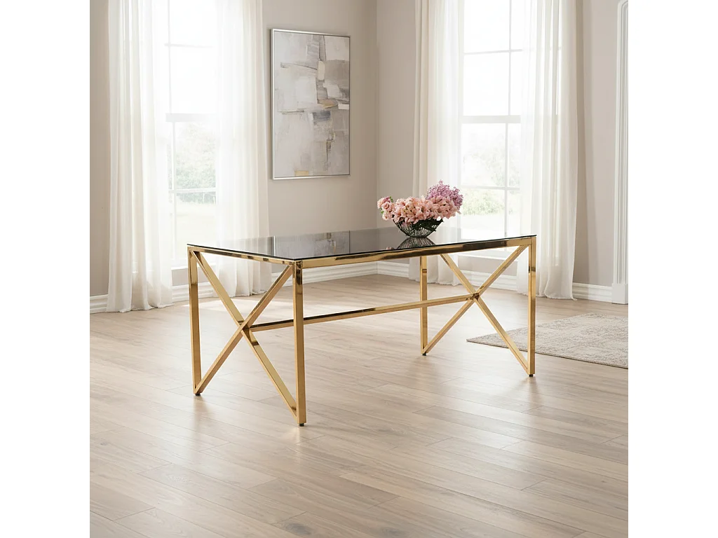 Table à Manger Design Verre Trempé Transparent & Doré – 150×90 cm