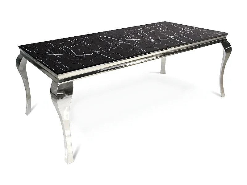 Table à manger BAROQUE 4 à 6 couverts pieds chrome plateau en verre 150x90 cm effet marbré noir