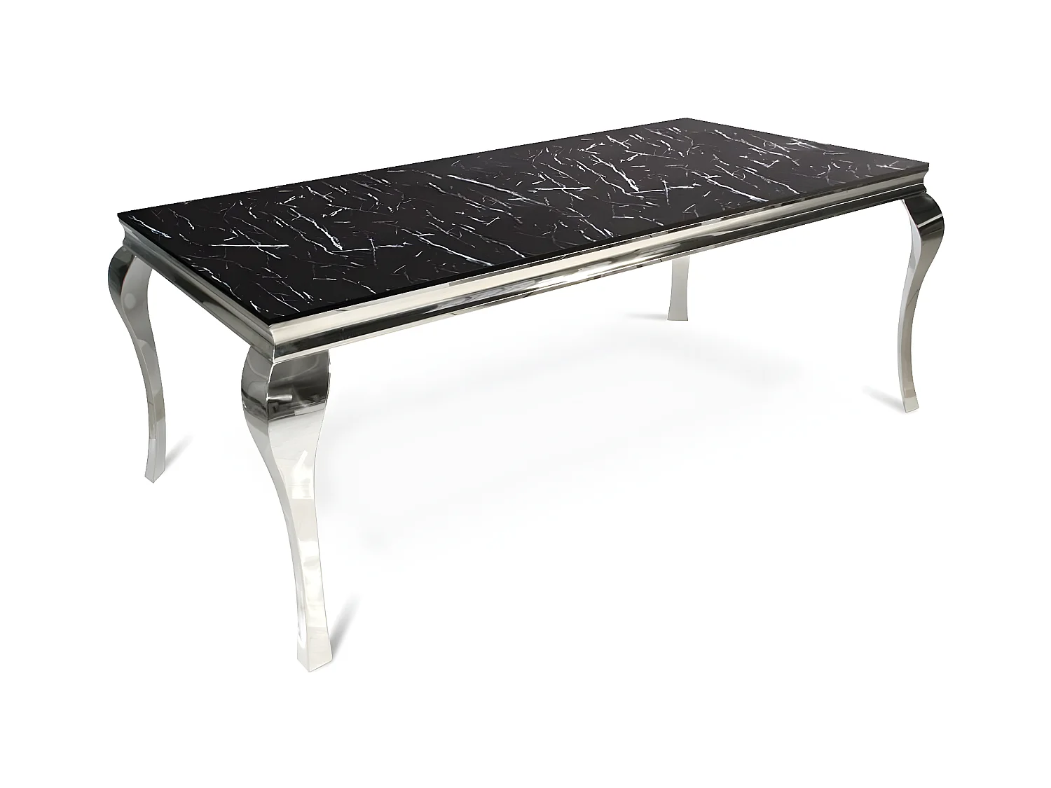 Table à manger BAROQUE 4 à 6 couverts pieds chrome plateau en verre 150x90 cm effet marbré noir