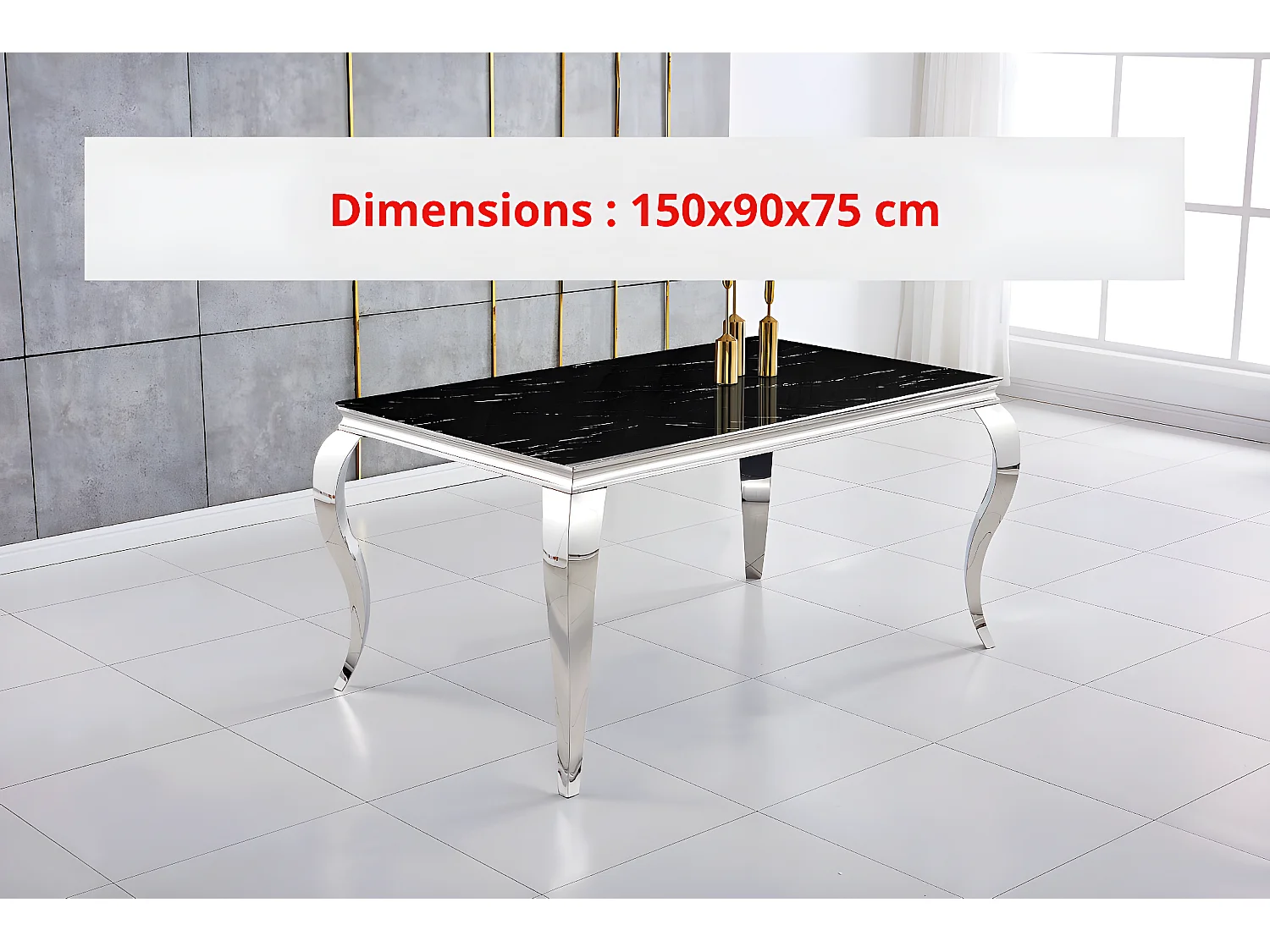 Table à manger BAROQUE 4 à 6 couverts pieds chrome plateau en verre 150x90 cm effet marbré noir