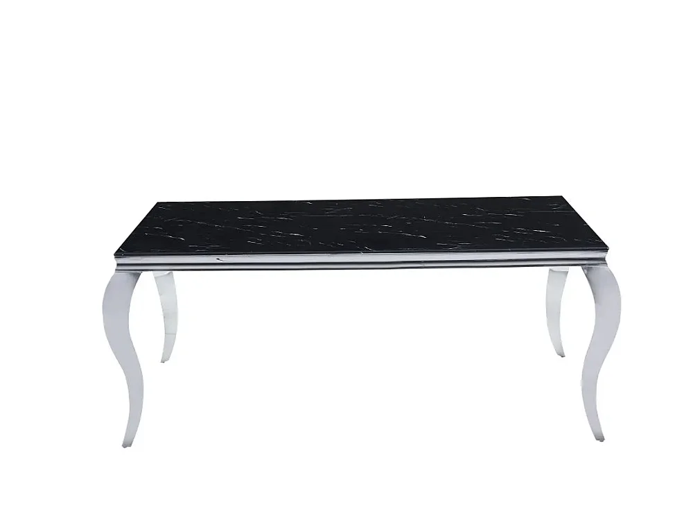 Table à manger BAROQUE 4 à 6 couverts pieds chrome plateau en verre 150x90 cm effet marbré noir
