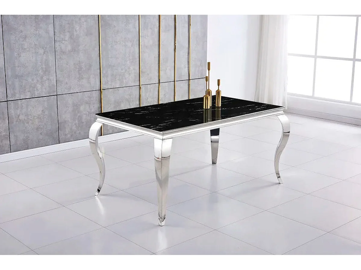 Table à manger BAROQUE 4 à 6 couverts pieds chrome plateau en verre 150x90 cm effet marbré noir
