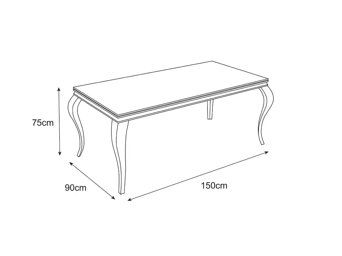 Table à manger BAROQUE 4 à 6 couverts pieds chrome plateau en verre 150x90 cm effet marbré noir