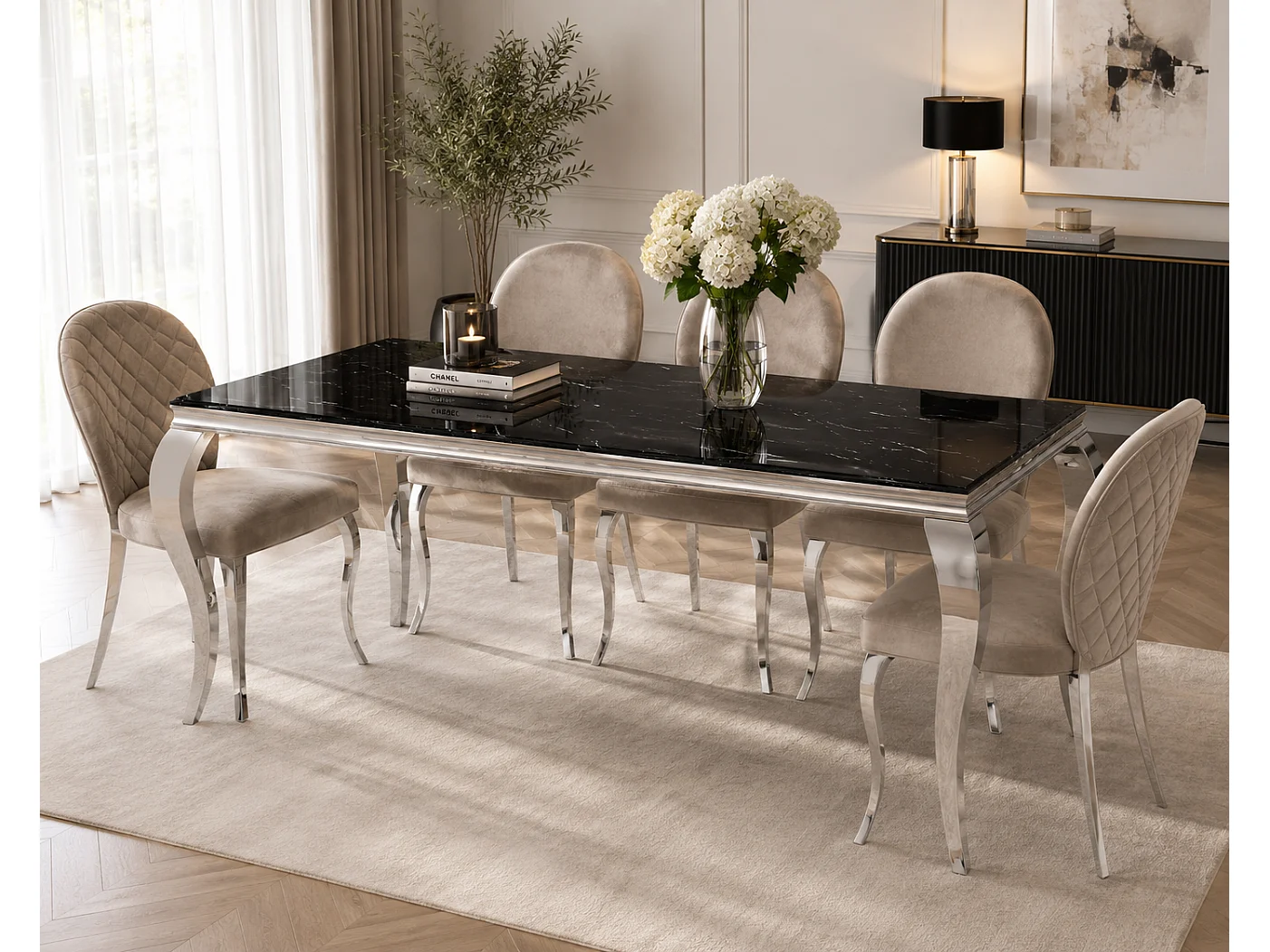 Table à manger BAROQUE 4 à 6 couverts pieds chrome plateau en verre 150x90 cm effet marbré noir