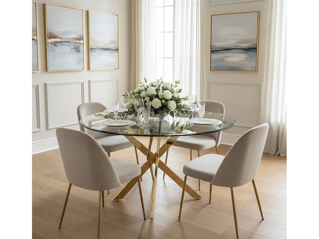 Table a manger ronde JESSICA Gold XXL 120 cm 4 couverts transparent