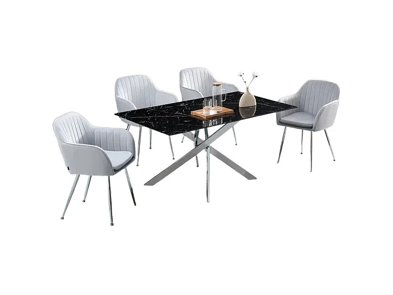 Table Repas JESSICA XXL Chrome et plateau en verre MARBRE NOIR 180 cm 6 à 8 couverts