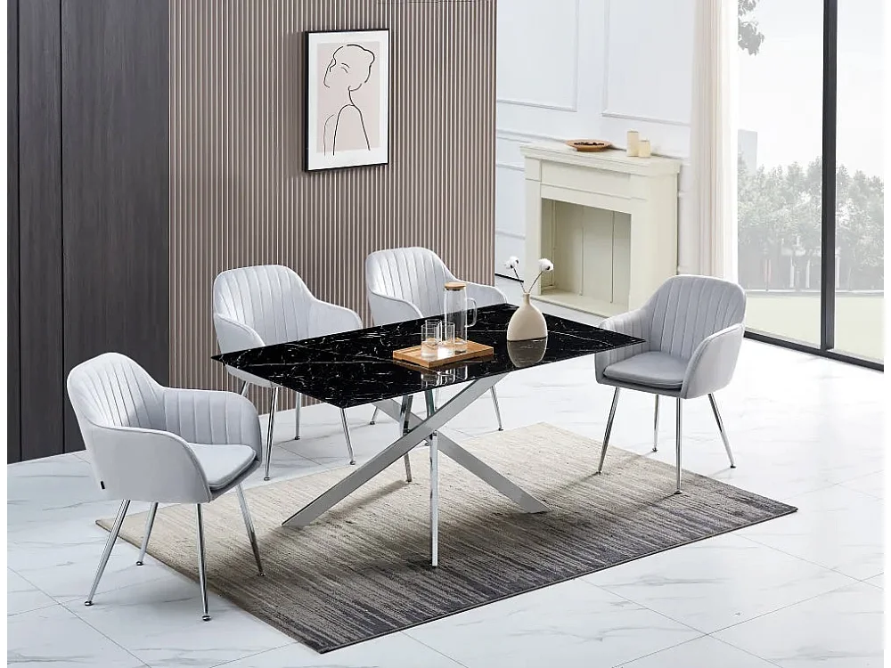 Table Repas JESSICA XXL Chrome et plateau en verre MARBRE NOIR 180 cm 6 à 8 couverts