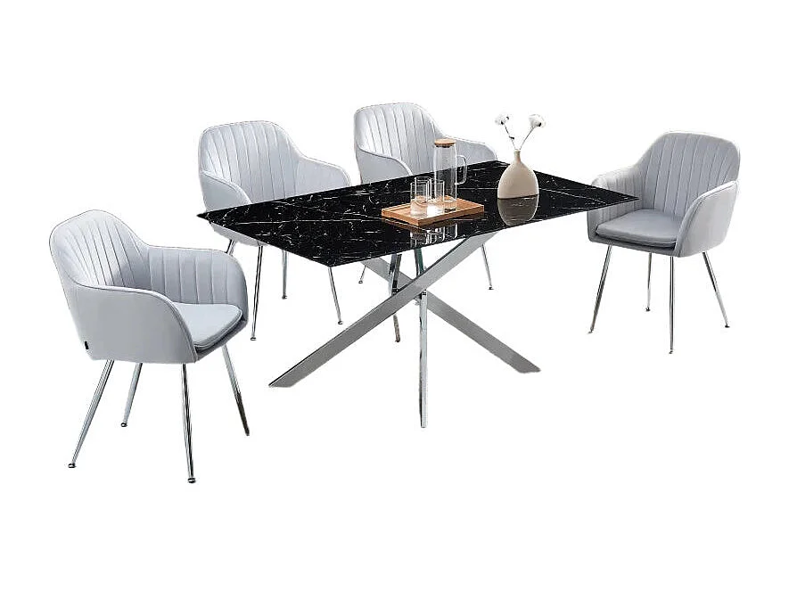 Table Repas JESSICA XXL Chrome et plateau en verre MARBRE NOIR 180 cm 6 à 8 couverts