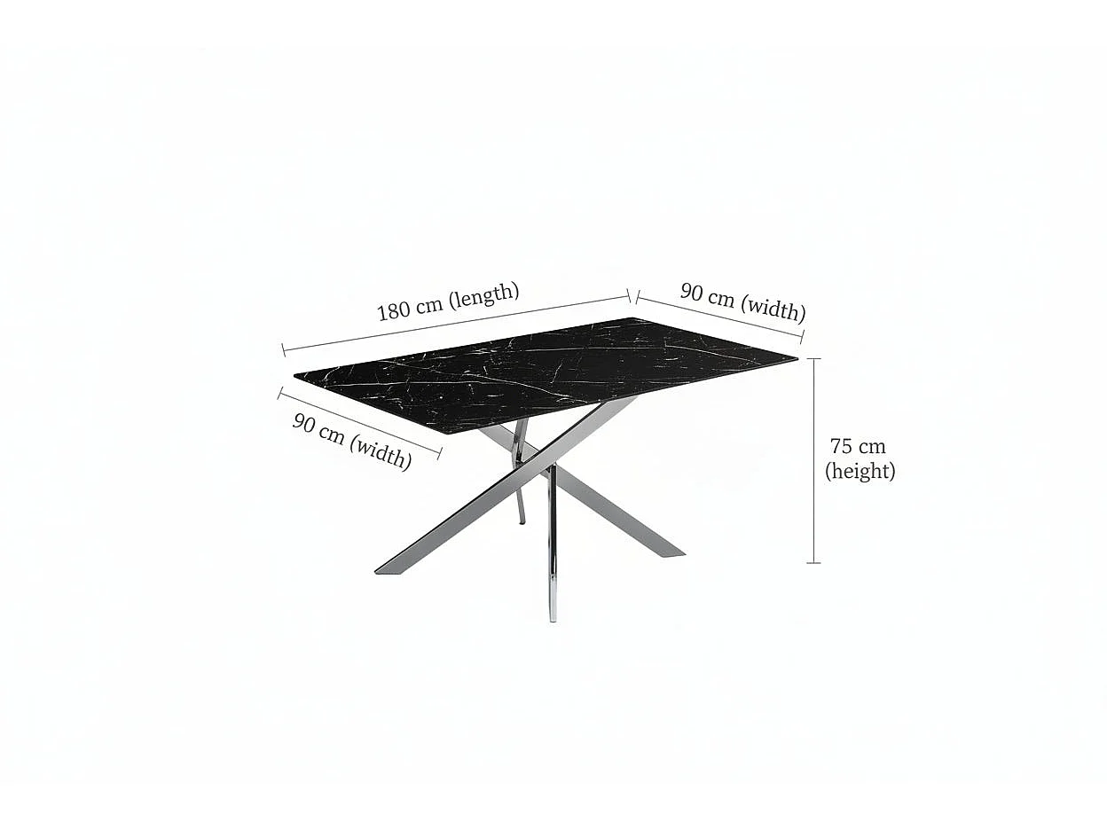 Table Repas JESSICA XXL Chrome et plateau en verre MARBRE NOIR 180 cm 6 à 8 couverts