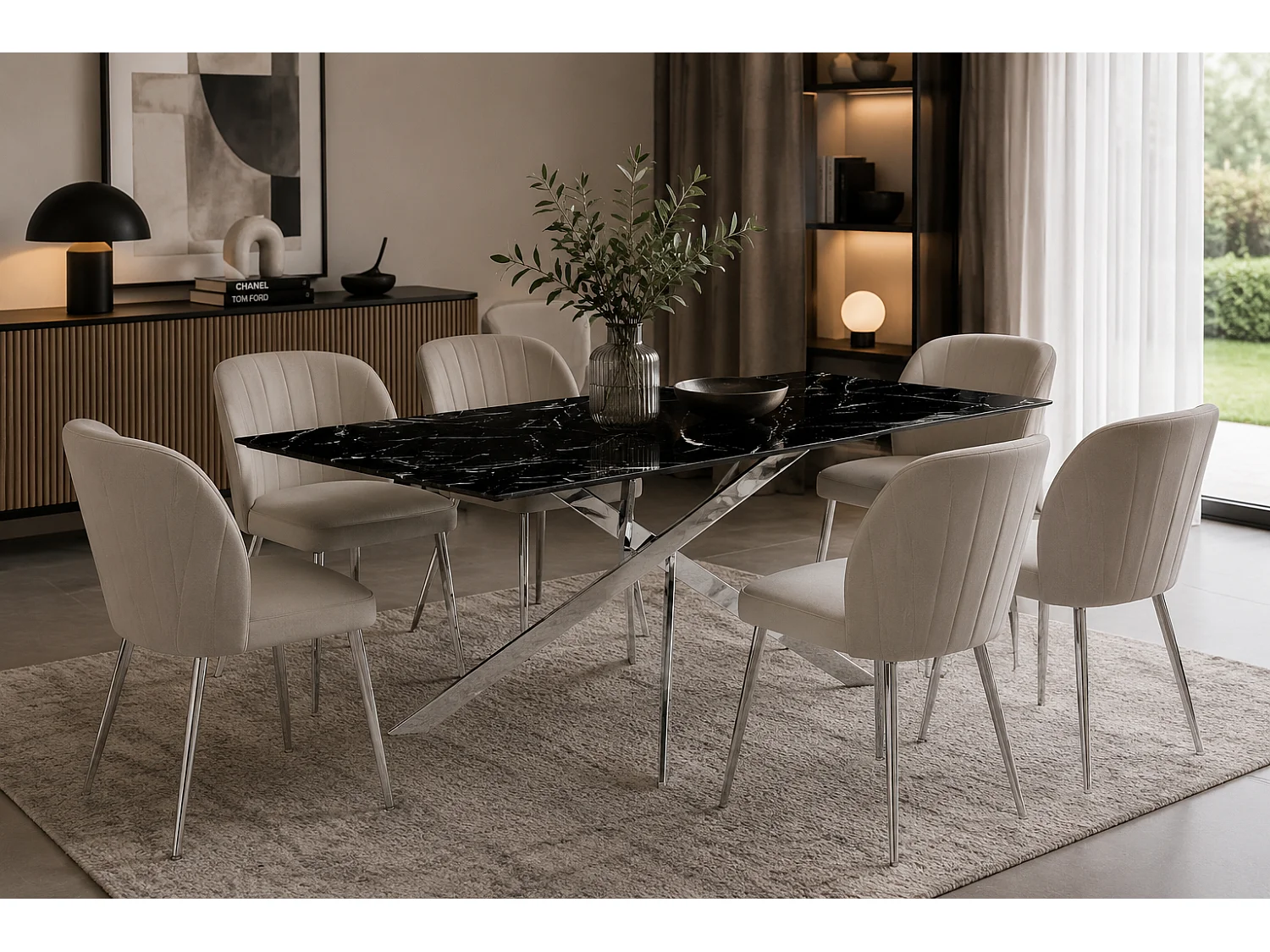 Table Repas JESSICA XXL Chrome et plateau en verre MARBRE NOIR 180 cm 6 à 8 couverts
