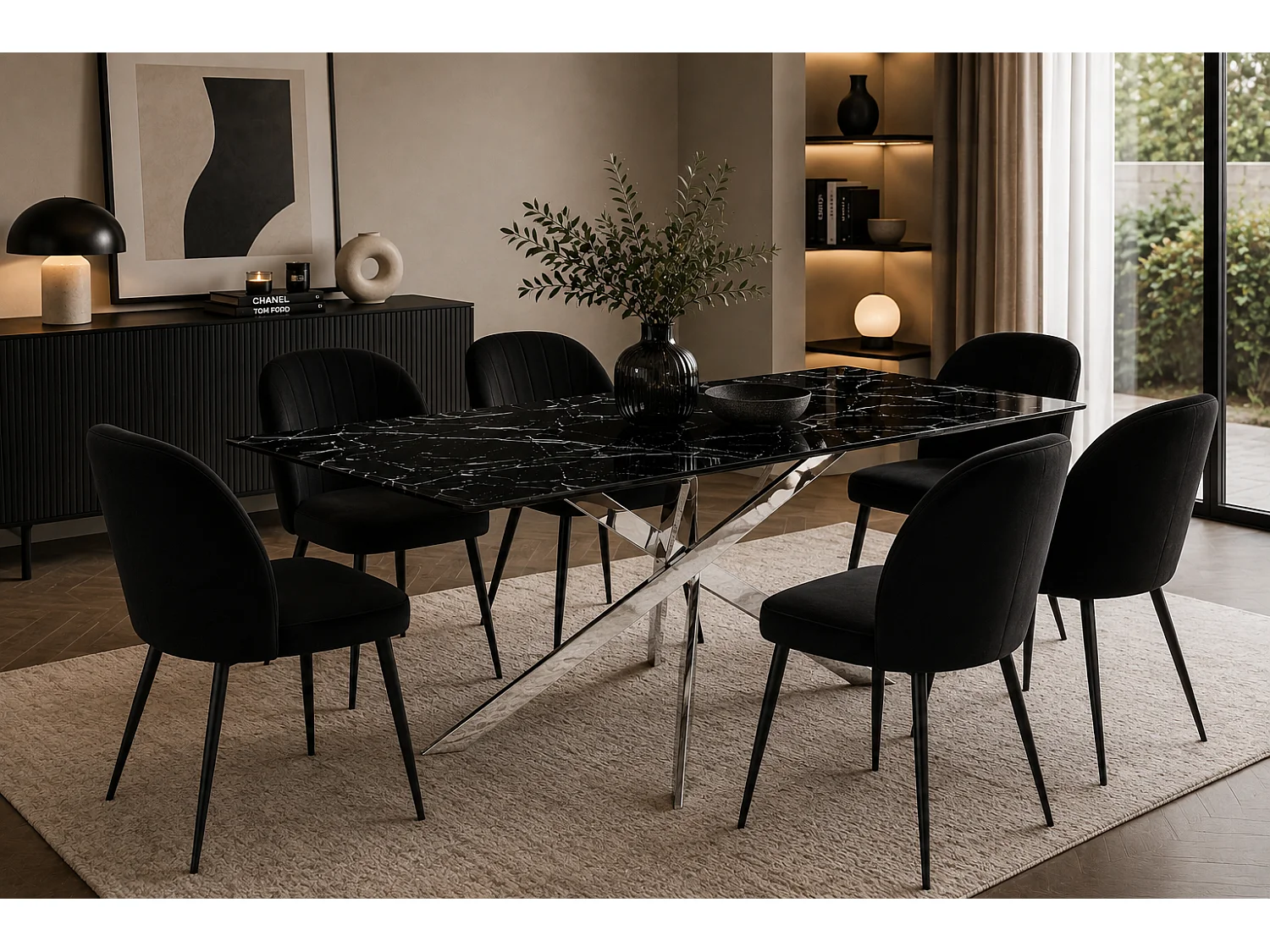 Table Repas JESSICA XXL Chrome et plateau en verre MARBRE NOIR 180 cm 6 à 8 couverts