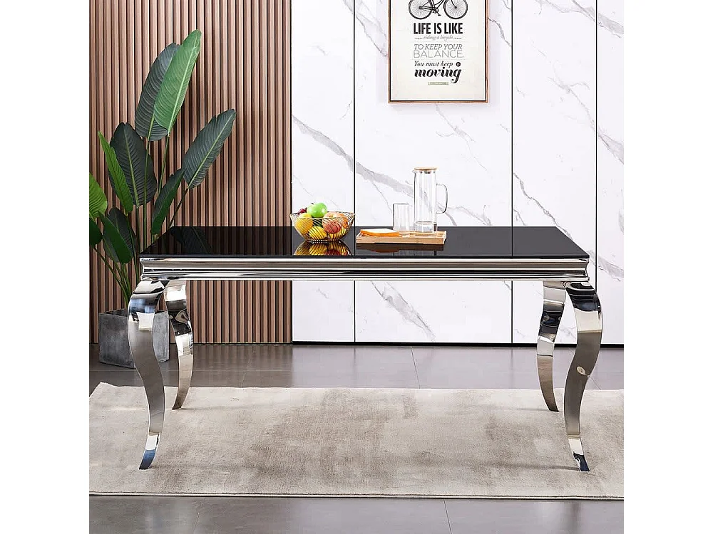 Table à manger BAROQUE 4 à 6 couverts pieds chrome plateau en verre 150x90 cm noir