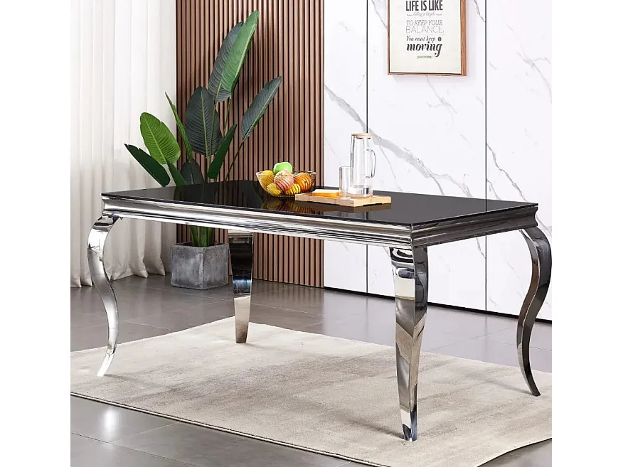 Table à manger BAROQUE 4 à 6 couverts pieds chrome plateau en verre 150x90 cm noir
