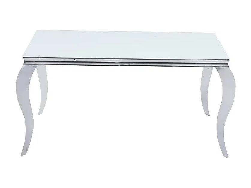 Table à manger BAROQUE 4 à 6 couverts pieds chrome plateau en verre 150x90 cm blanc