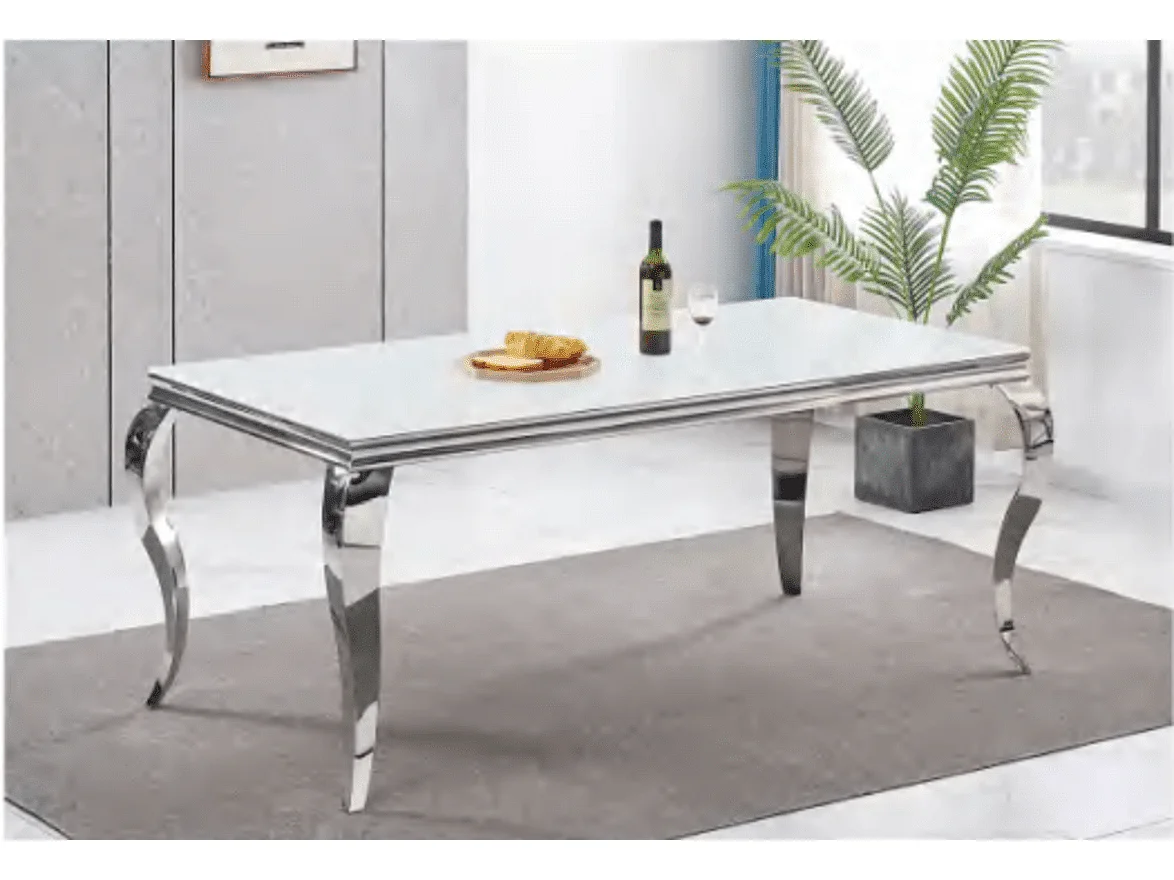 Table à manger BAROQUE 4 à 6 couverts pieds chrome plateau en verre 150x90 cm blanc