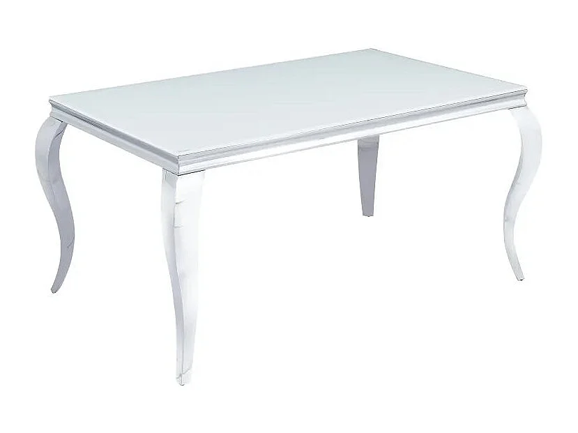 Table à manger BAROQUE 4 à 6 couverts pieds chrome plateau en verre 150x90 cm blanc