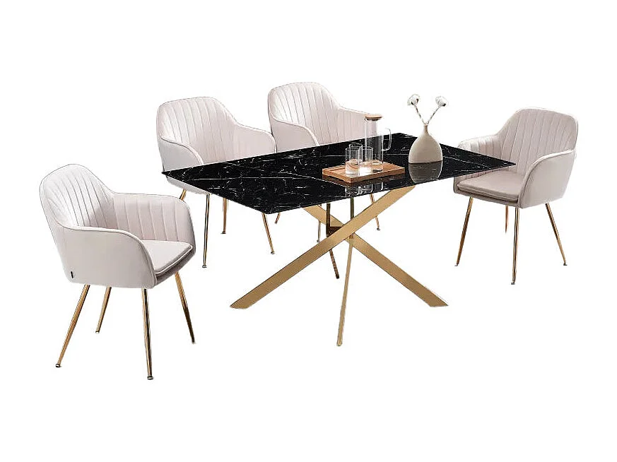 Table Repas JESSICA XXL Gold et plateau en verre MARBRE NOIR 180 cm 6 à 8 couverts