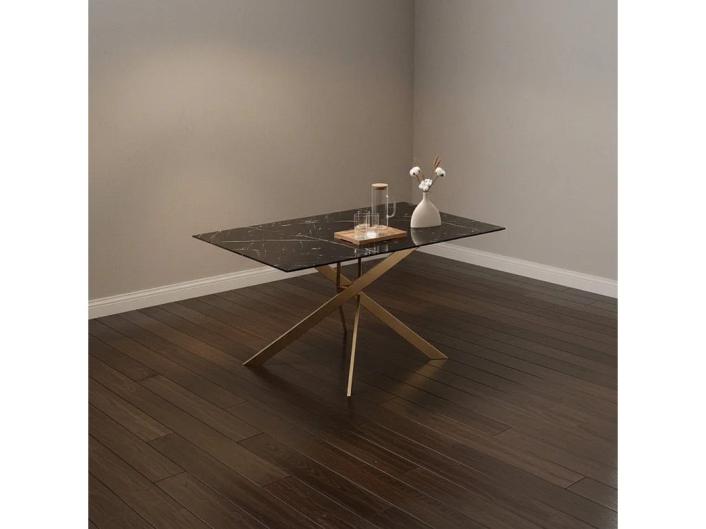 Table Repas JESSICA XXL Gold et plateau en verre MARBRE NOIR 180 cm 6 à 8 couverts
