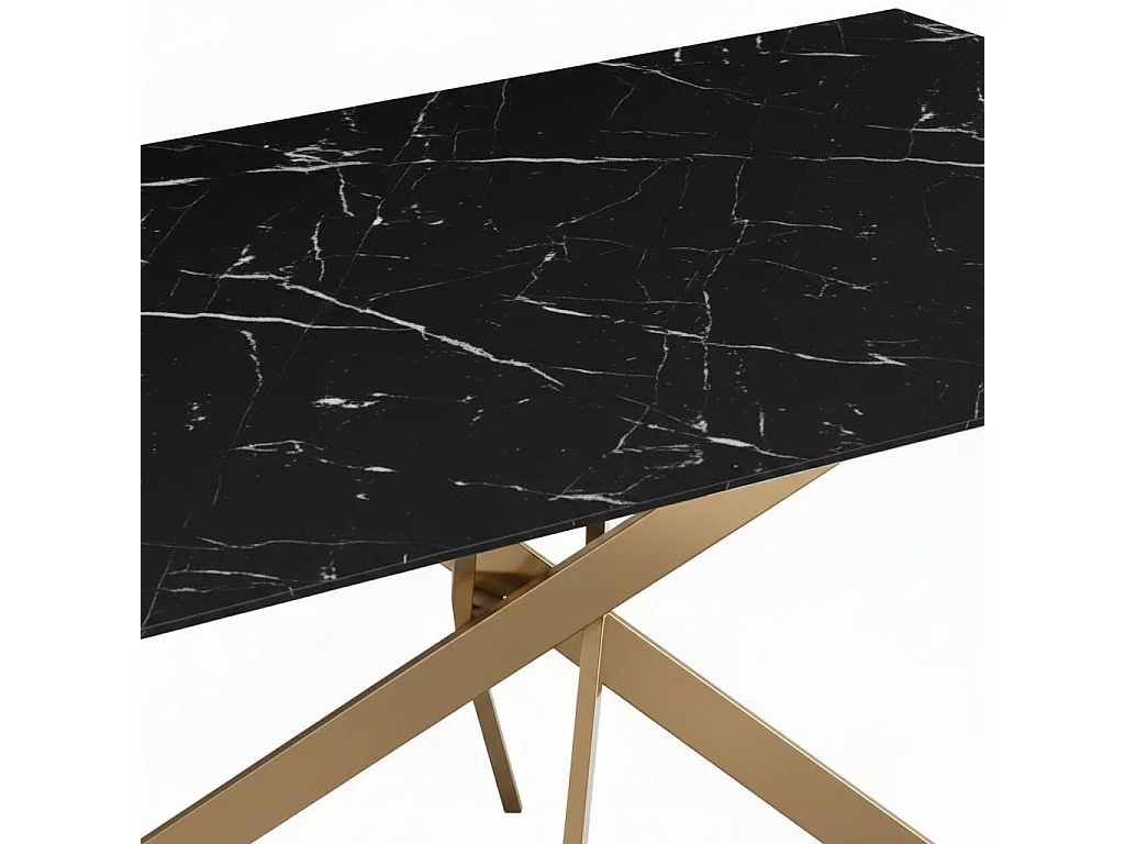 Table Repas JESSICA XXL Gold et plateau en verre MARBRE NOIR 180 cm 6 à 8 couverts
