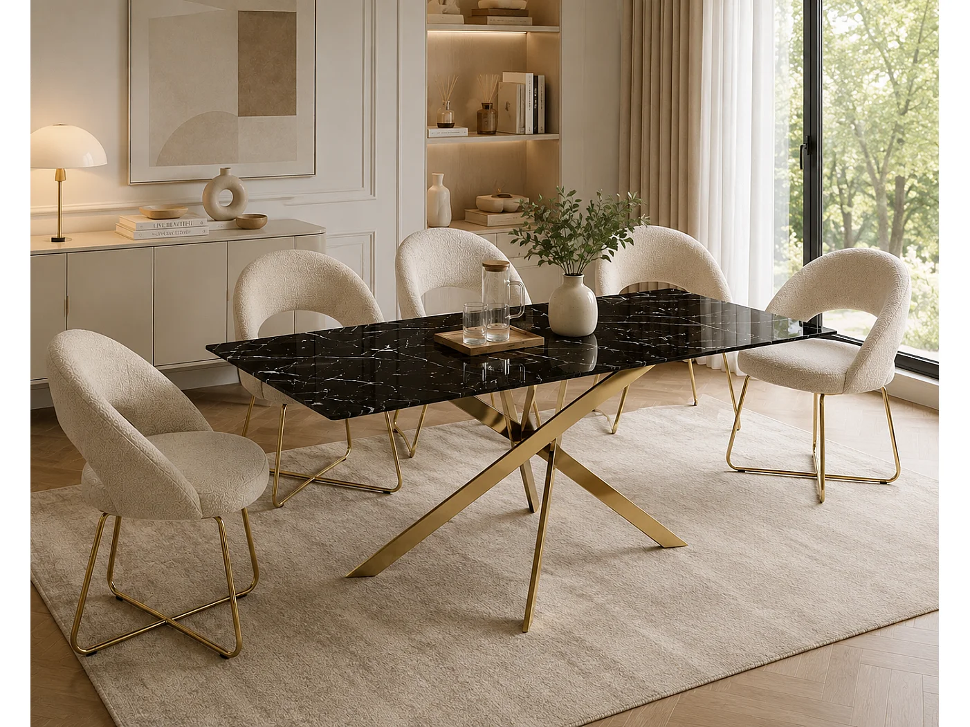 Table Repas JESSICA XXL Gold et plateau en verre MARBRE NOIR 180 cm 6 à 8 couverts