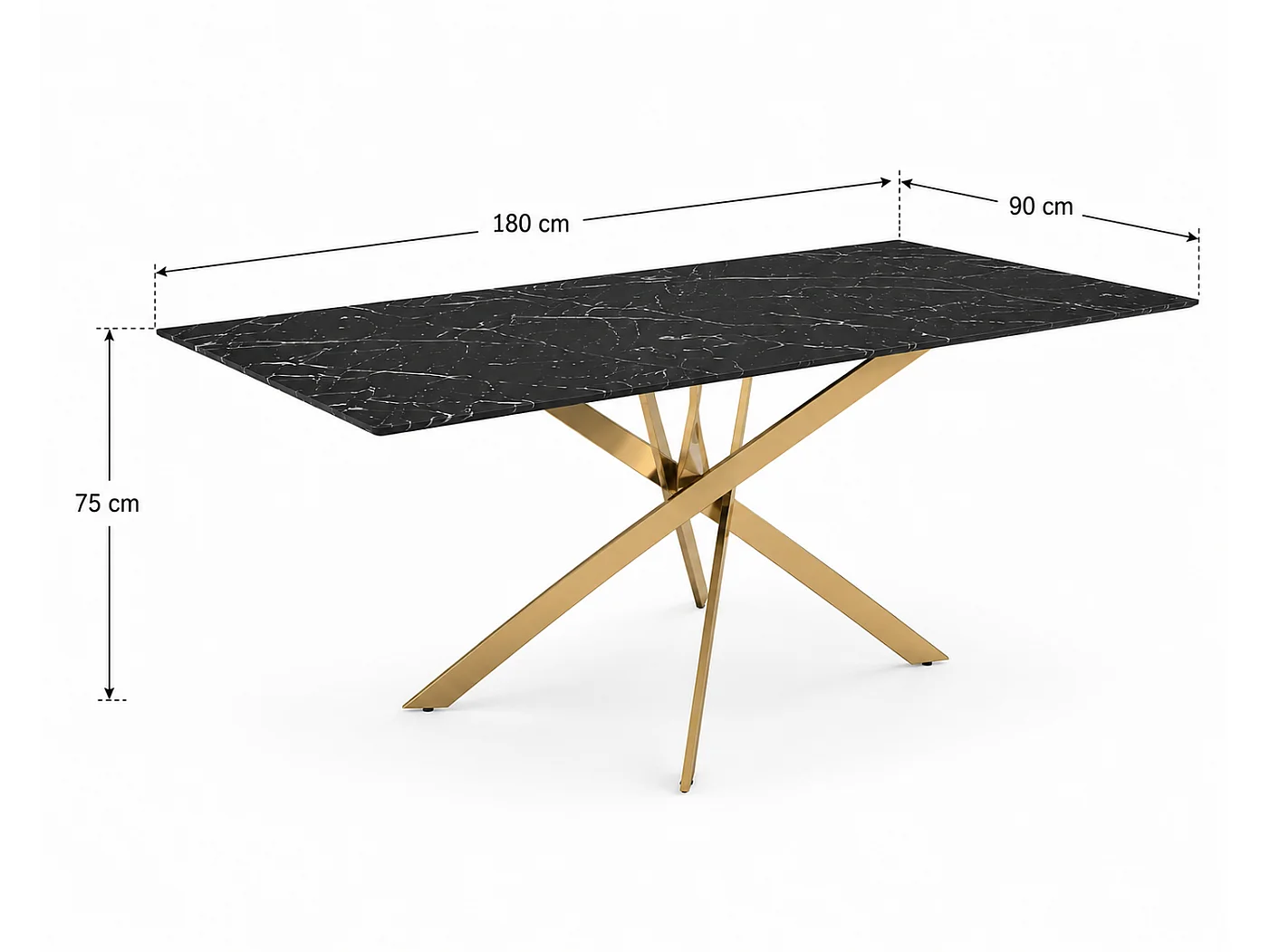 Table Repas JESSICA XXL Gold et plateau en verre MARBRE NOIR 180 cm 6 à 8 couverts