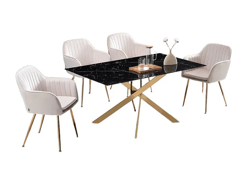 Table Repas JESSICA XXL Gold et plateau en verre MARBRE NOIR 180 cm 6 à 8 couverts