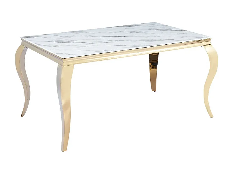 Table à manger BAROQUE 6 à 8 couverts 180x90 cm pieds gold plateau en verre effet marbré blanc