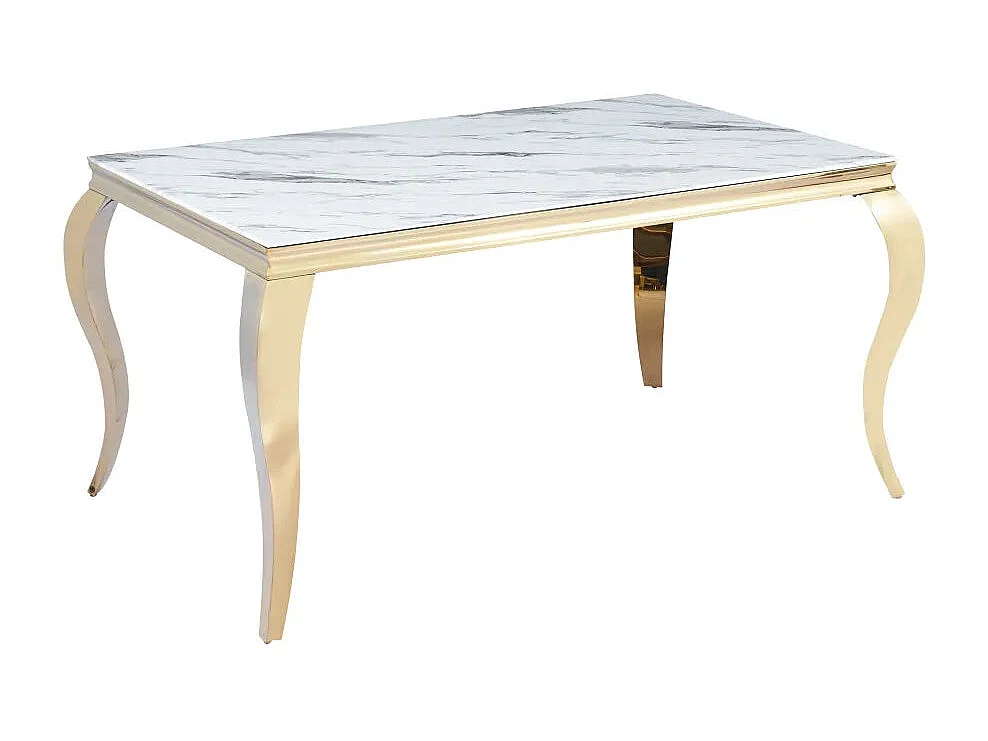 Table à manger BAROQUE 6 à 8 couverts 180x90 cm pieds gold plateau en verre effet marbré blanc