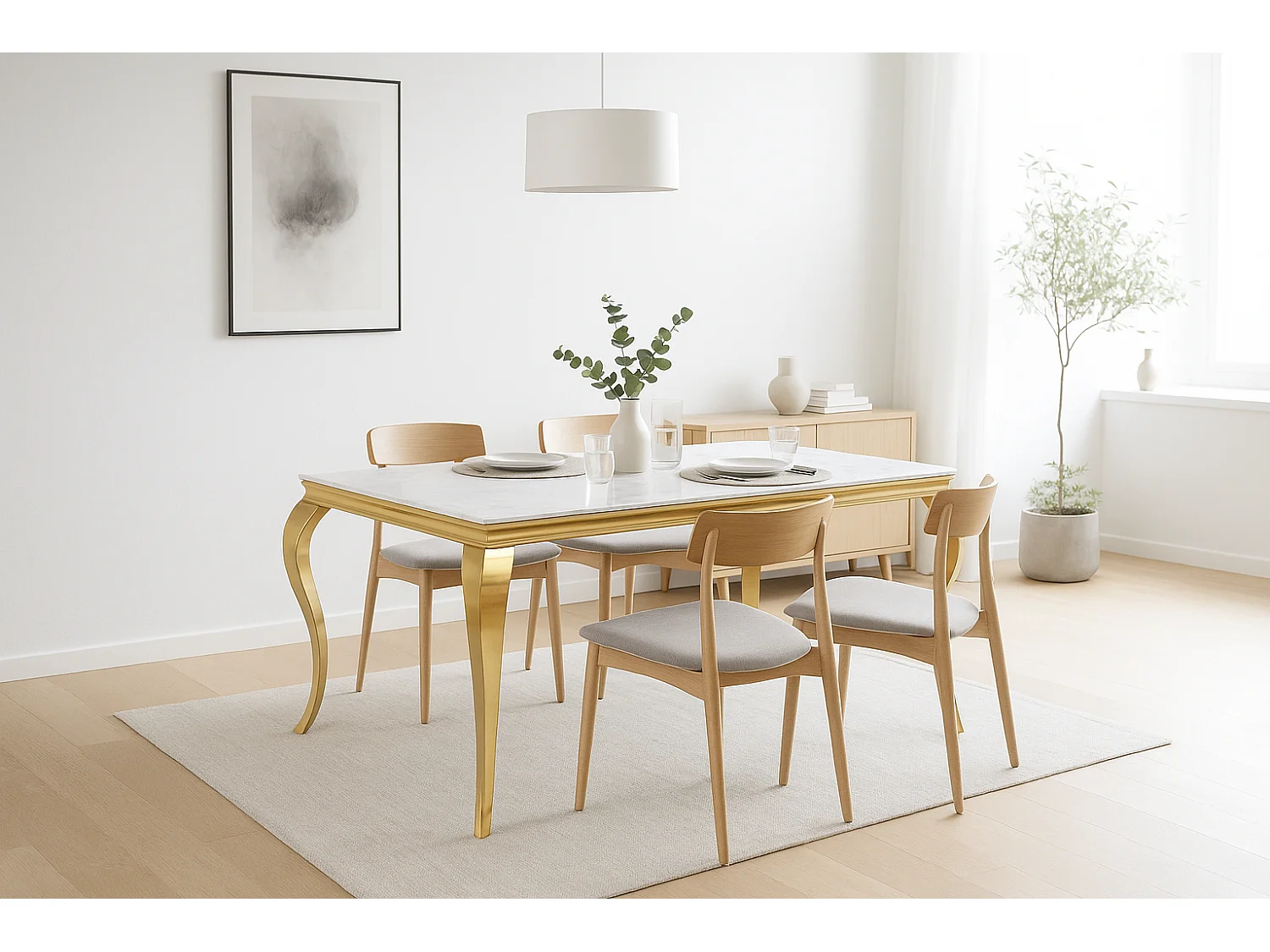 Table à manger BAROQUE 6 à 8 couverts 180x90 cm pieds gold plateau en verre effet marbré blanc