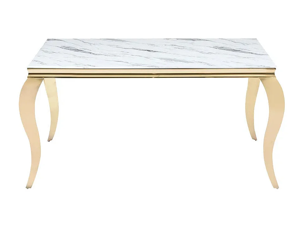 Table à manger BAROQUE 6 à 8 couverts 180x90 cm pieds gold plateau en verre effet marbré blanc