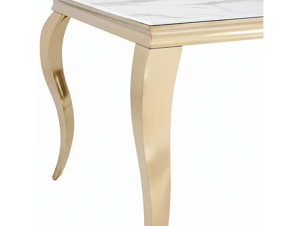 Table à manger BAROQUE 6 à 8 couverts 180x90 cm pieds gold plateau en verre effet marbré blanc